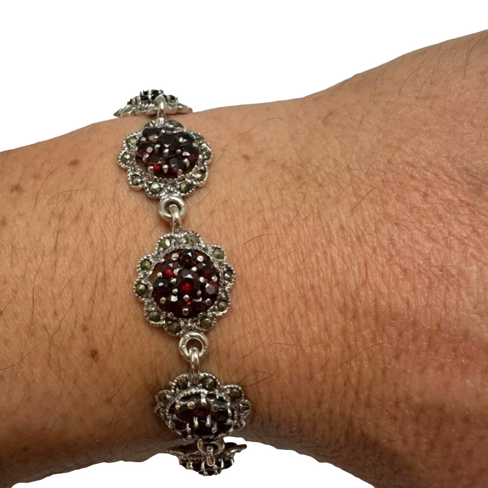 Sterling Silver and Garnet, Macasite 7 inch Flower shaped bracelet 925 Vintage